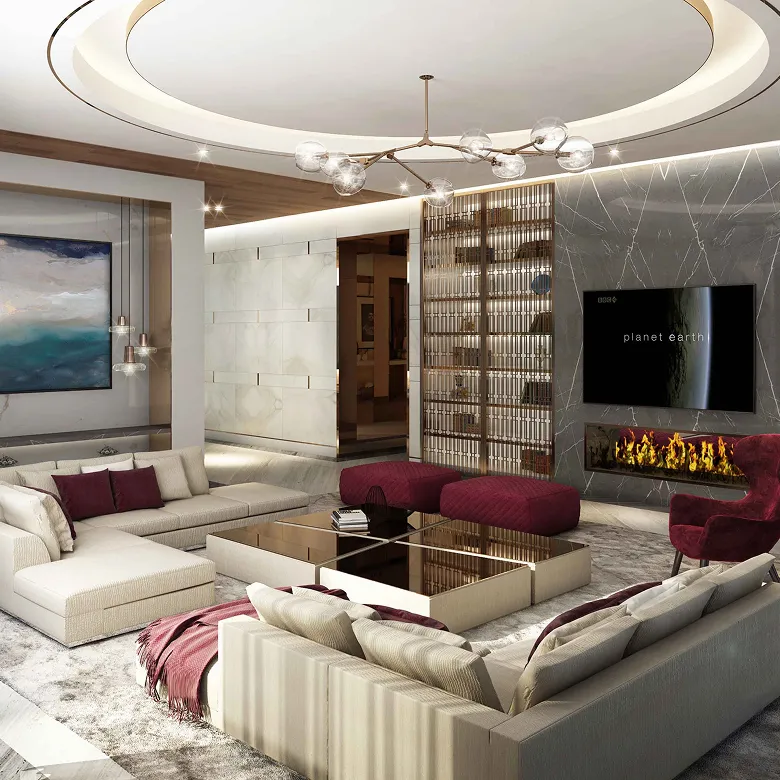 Contemporary dining room interior design featuring a marble dining table and velvet chairs.