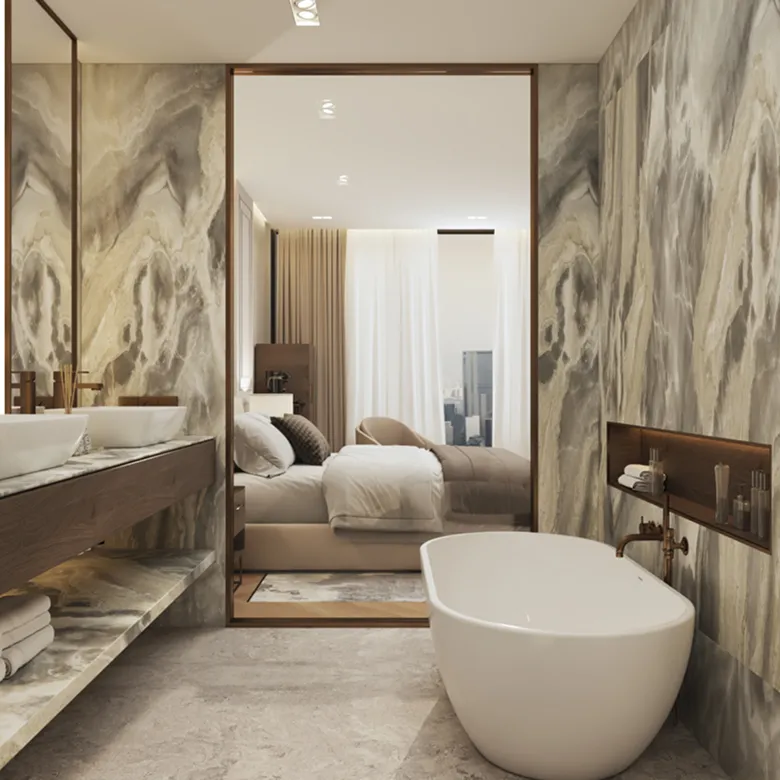 Modern bedroom interior design featuring a media console in wood wood-panelled wall in a luxury villa.