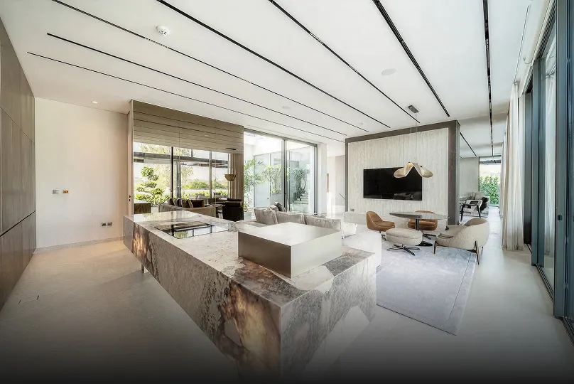 Villa Interior design featuring bespoke joinery and marble flooring