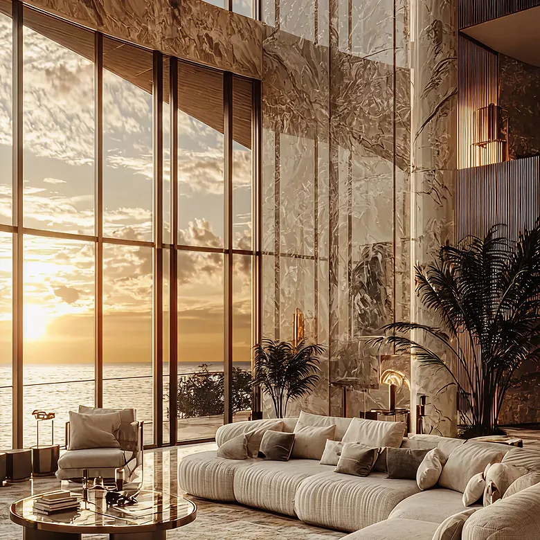 Luxurious living room in a modernized classic Dubai villa with marble accent wall.