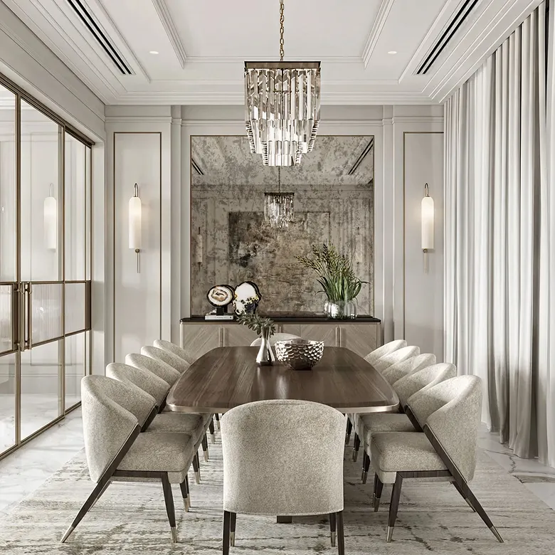 Spacious dining area in a modernized classic villa with a wooden dining table and chairs.