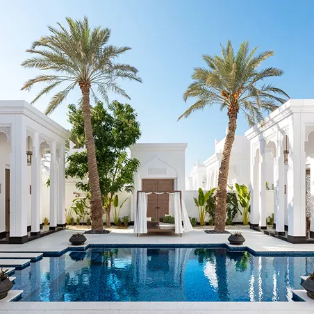 Luxury resort pool area with arabian design elements from a top interior fit out company in Dubai.