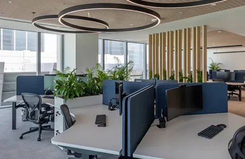 Contemporary workspace featuring blue-partitioned desks and floor-to-ceiling windows.