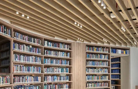 Modern reading space interior fit out with full wooden shelving and a slatted wood ceiling in Dubai.