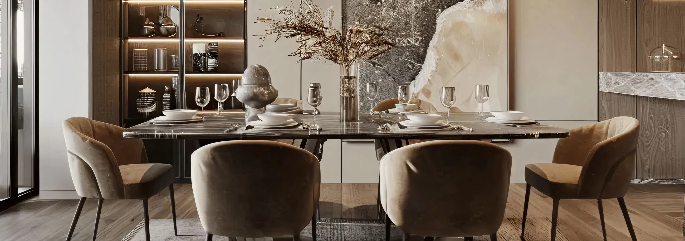 Modern dining room interior fit out with a marble table, velvet chairs, and bespoke joinery by Rayfitout.