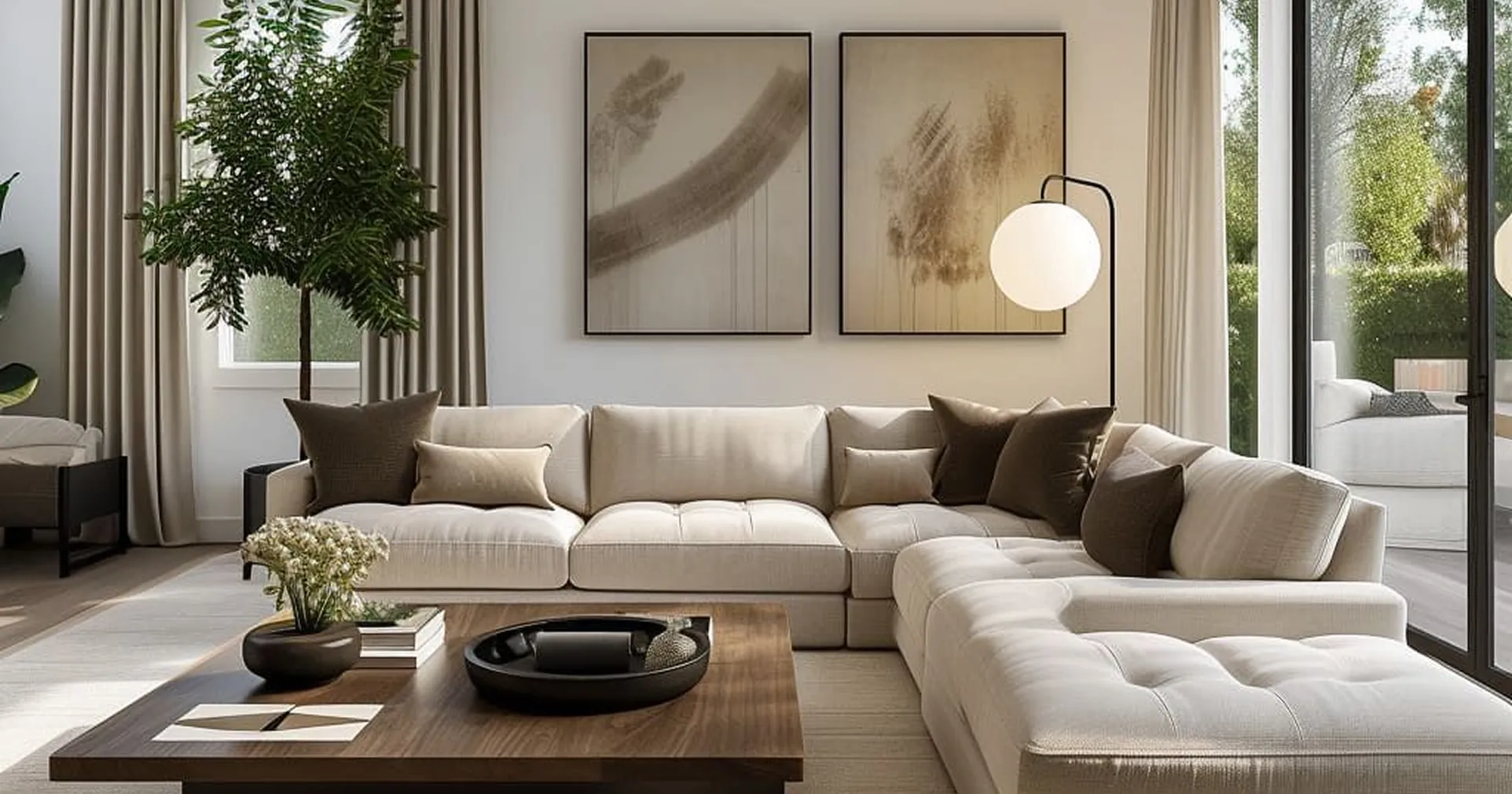 Modern interior fit out with L-shaped beige sectional sofa and wooden coffee table.