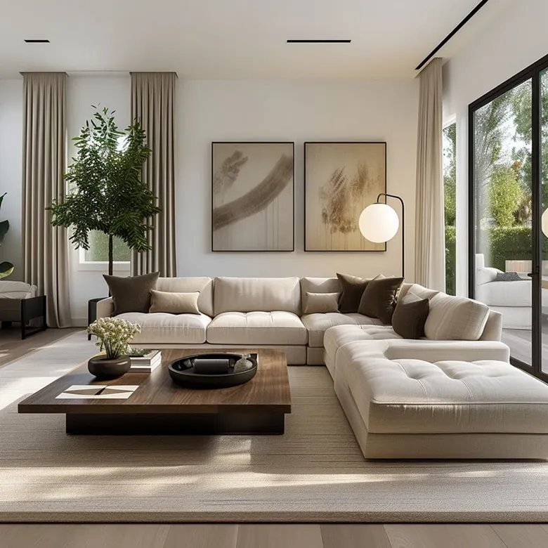 Modern interior fit out with L-shaped beige sectional sofa and wooden coffee table.
