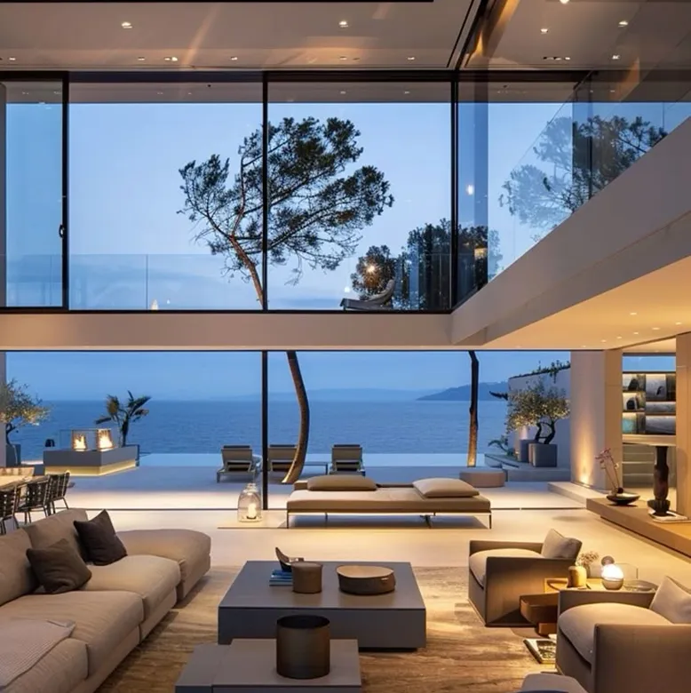Modern villa design with an open-plan living room and patio designed by Rayfitout in Dubai.