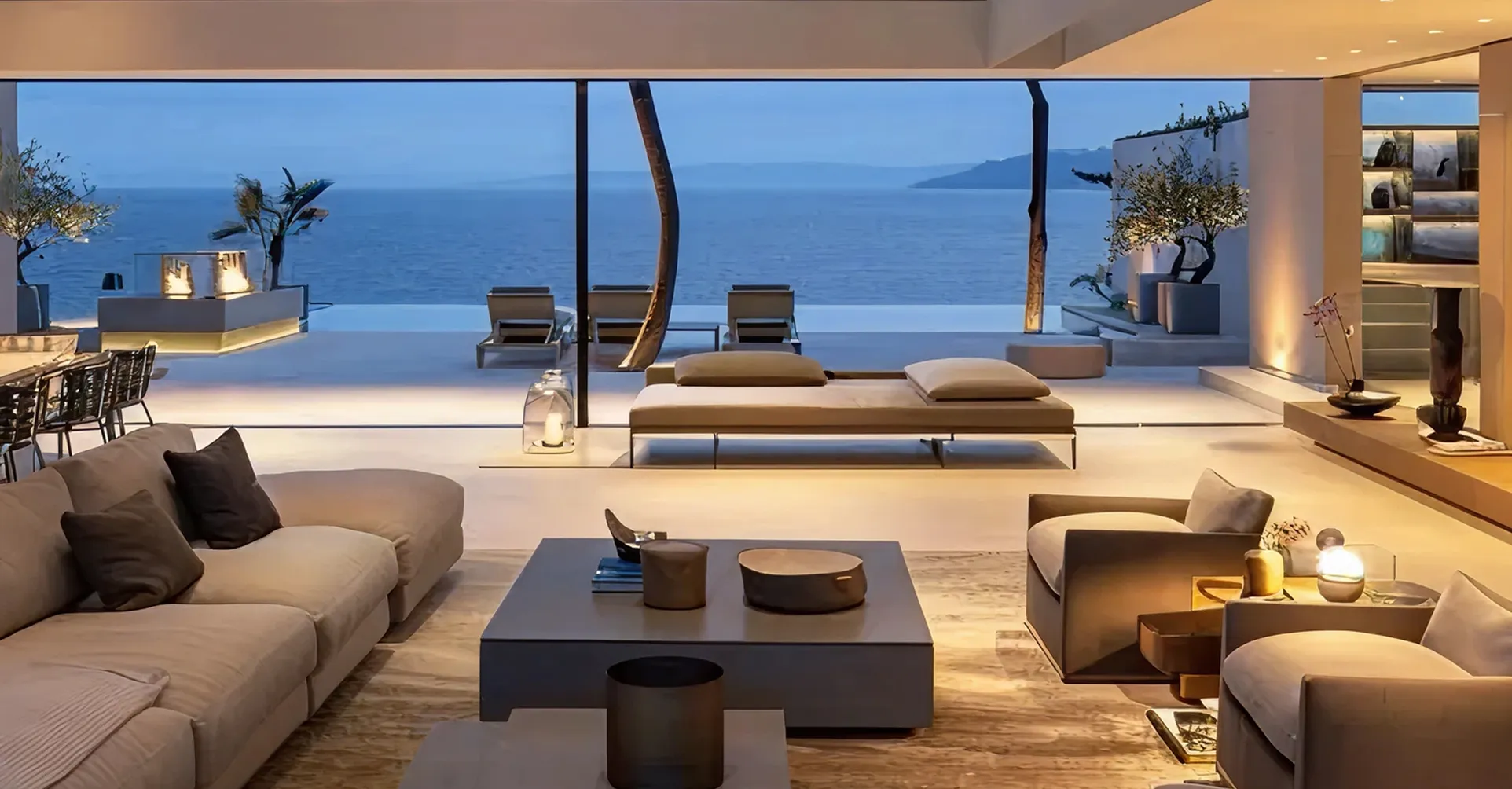 Modern villa design with an open-plan living room and patio designed by Rayfitout in Dubai.