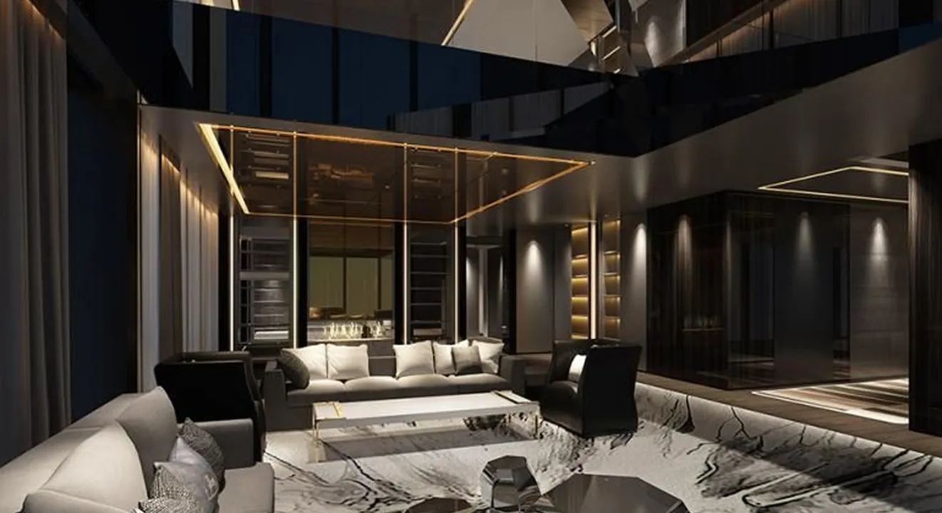 Modern luxury hotel suite lounge with dark decor, marble floors, and plush seating.