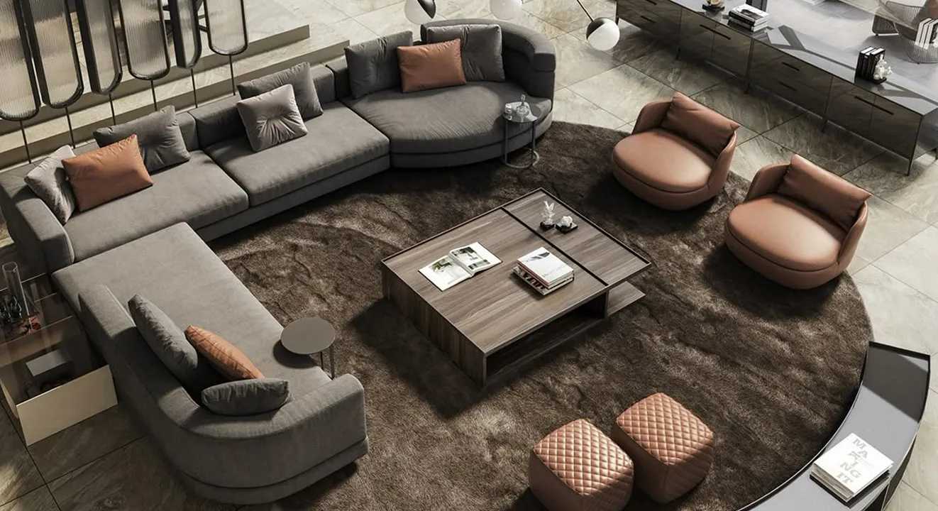 Contemporary Penthouse Interior Design with plush seating and unique ceiling lights.