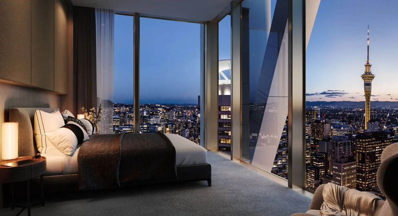Luxury Apartment Interior Design with cityscape view through floor-to-ceiling windows.