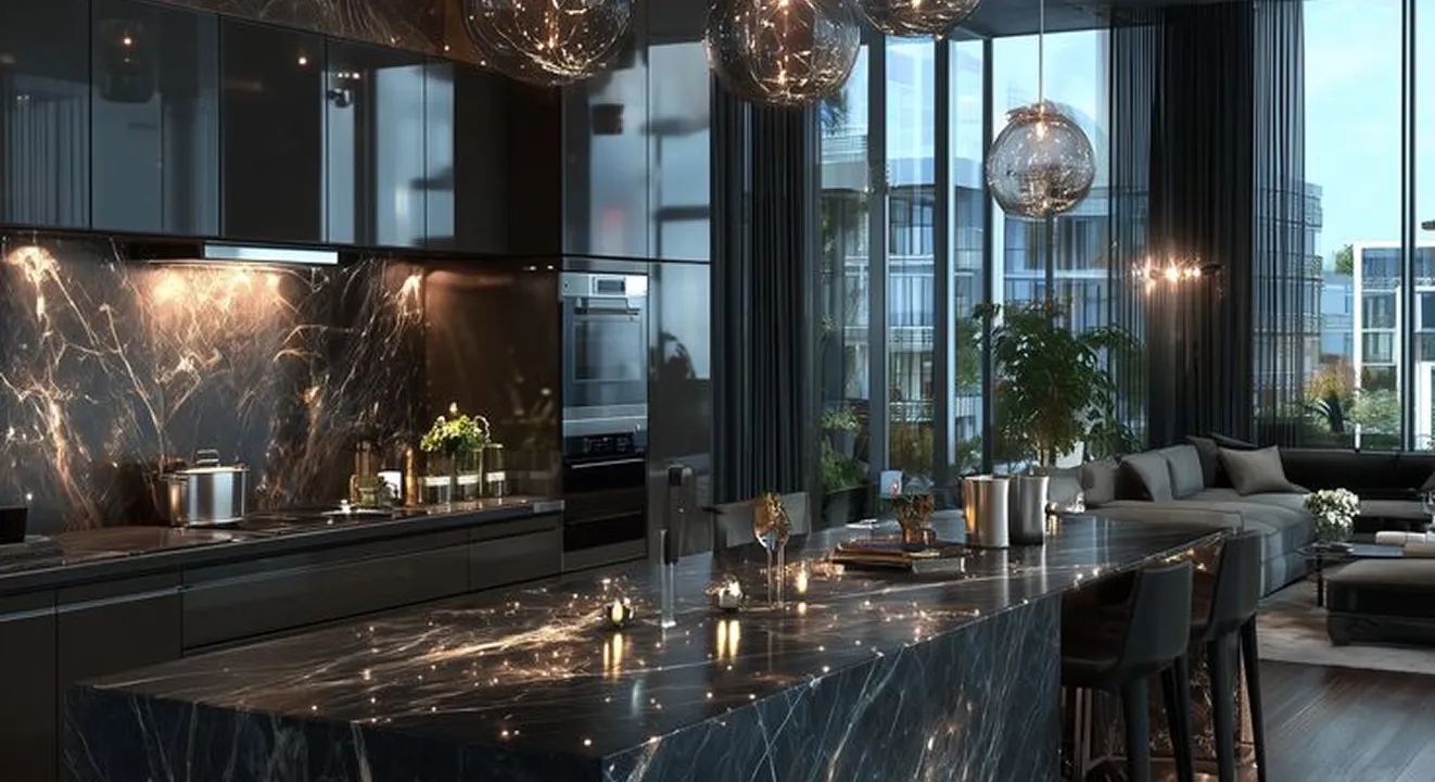 Modern Penthouse Interior Design featuring black marble and gold accents.