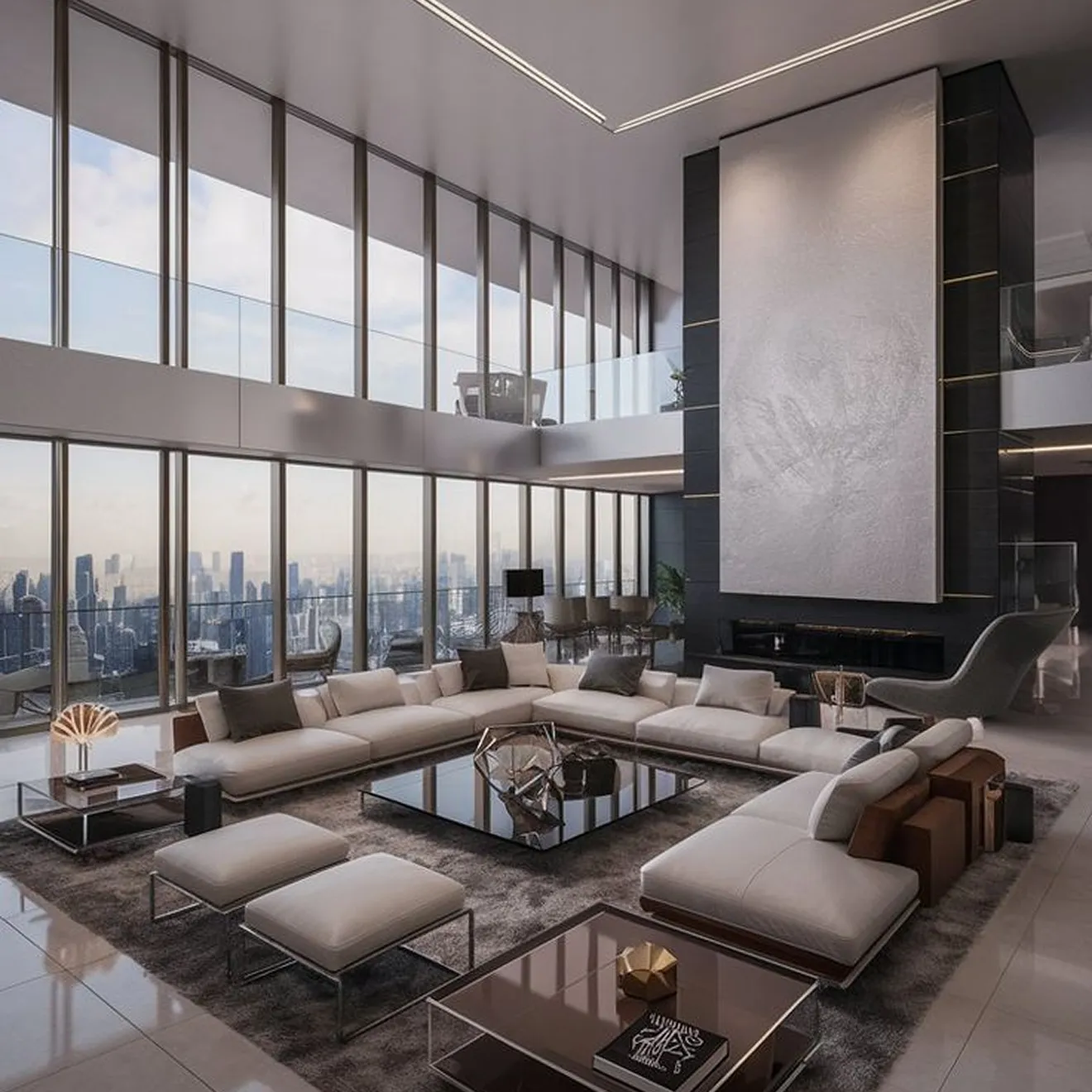 Modern double-height living space with a fireplace and panoramic city view in Dubai.
