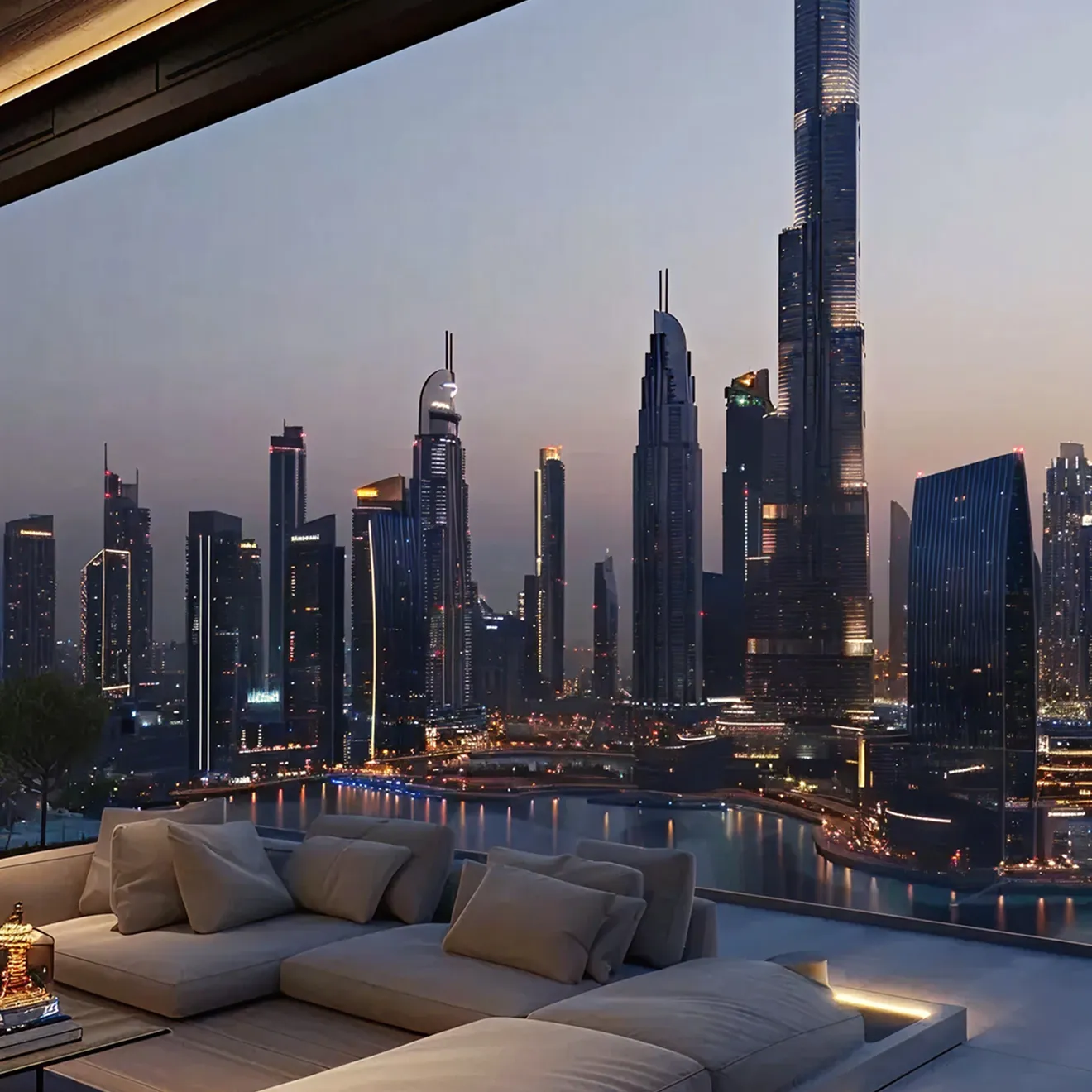 Modern penthouse outdoor terrace with city skyline, illuminated skyscrapers, and lounge seating in Dubai.