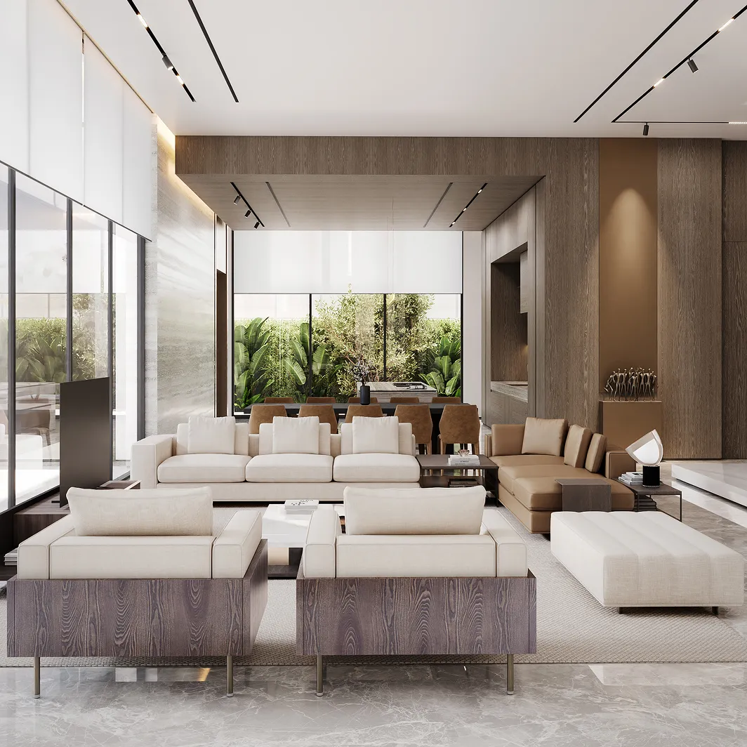 A modern living room with greenery views featuring residential interior design.