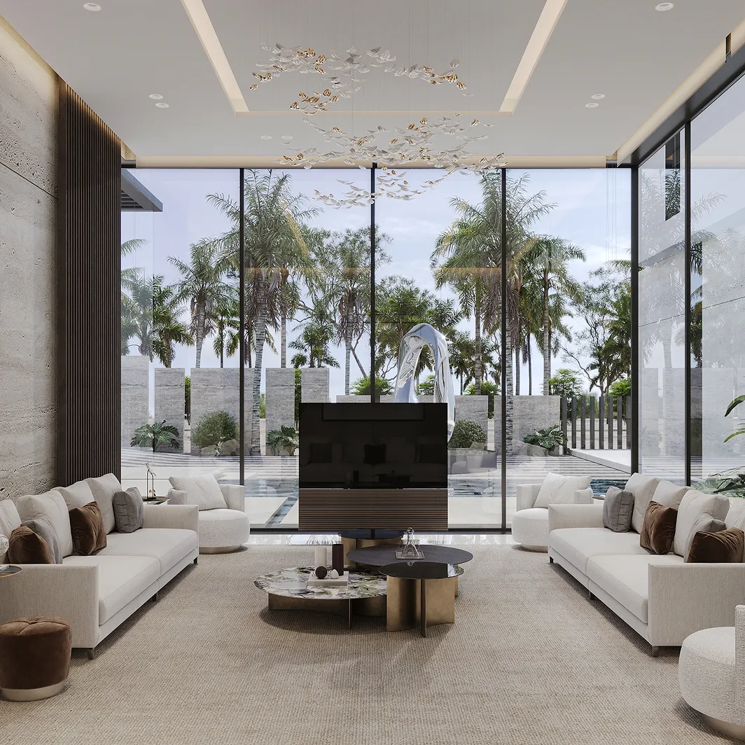 A modern villa living room with contemporary residential interior design in Dubai.