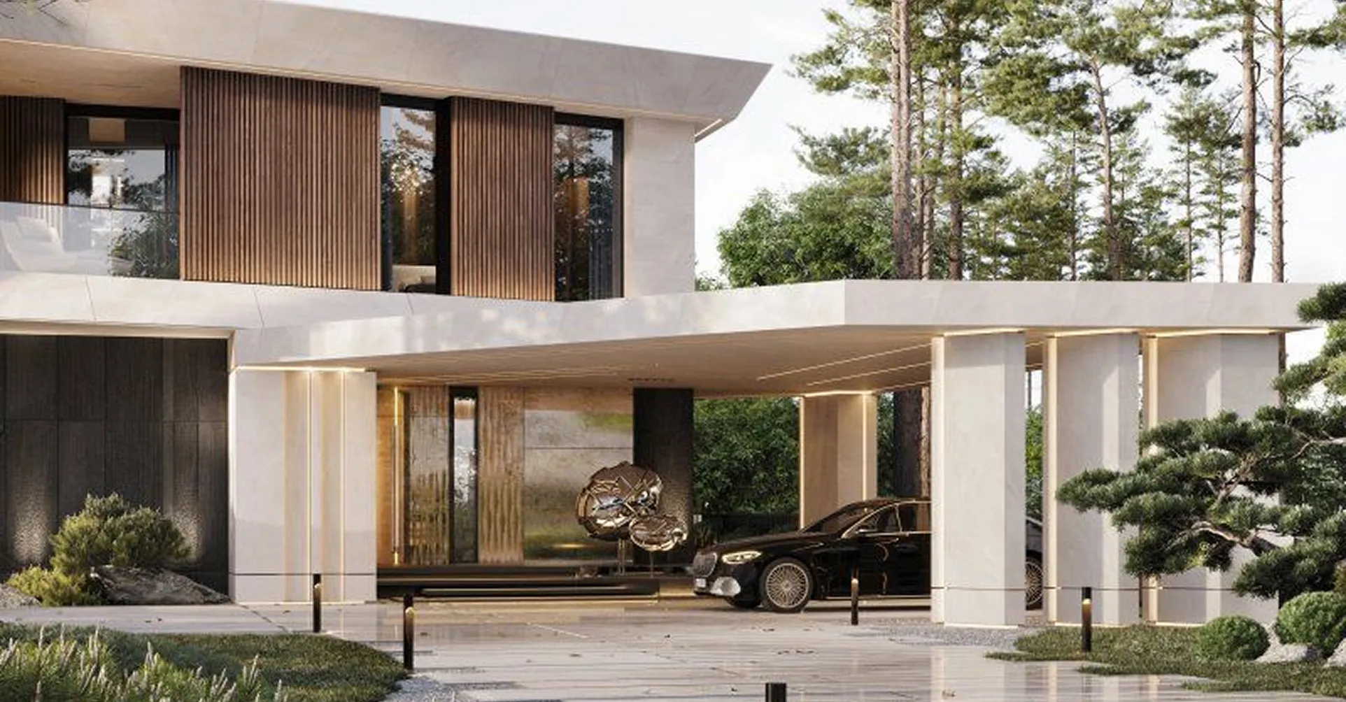 Luxury villa renovation featuring minimalist design and warm-toned facade.