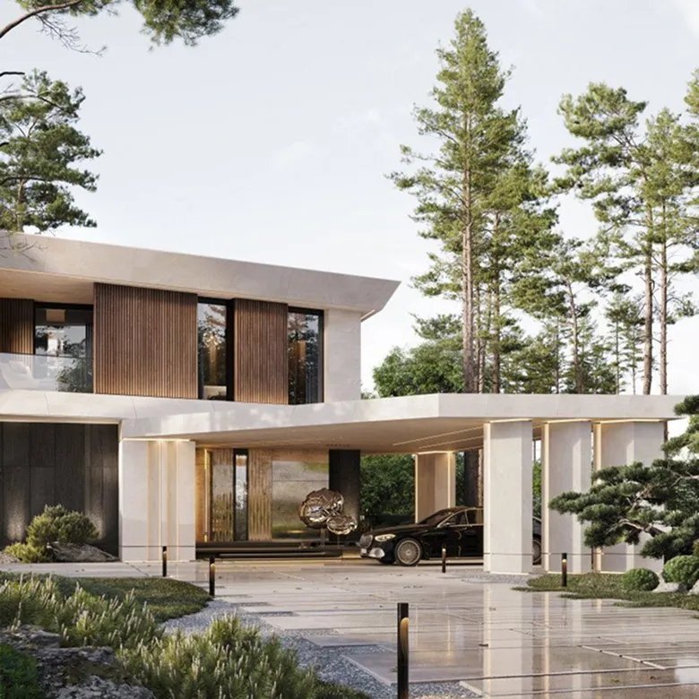 Luxury villa renovation featuring minimalist design and warm-toned facade.