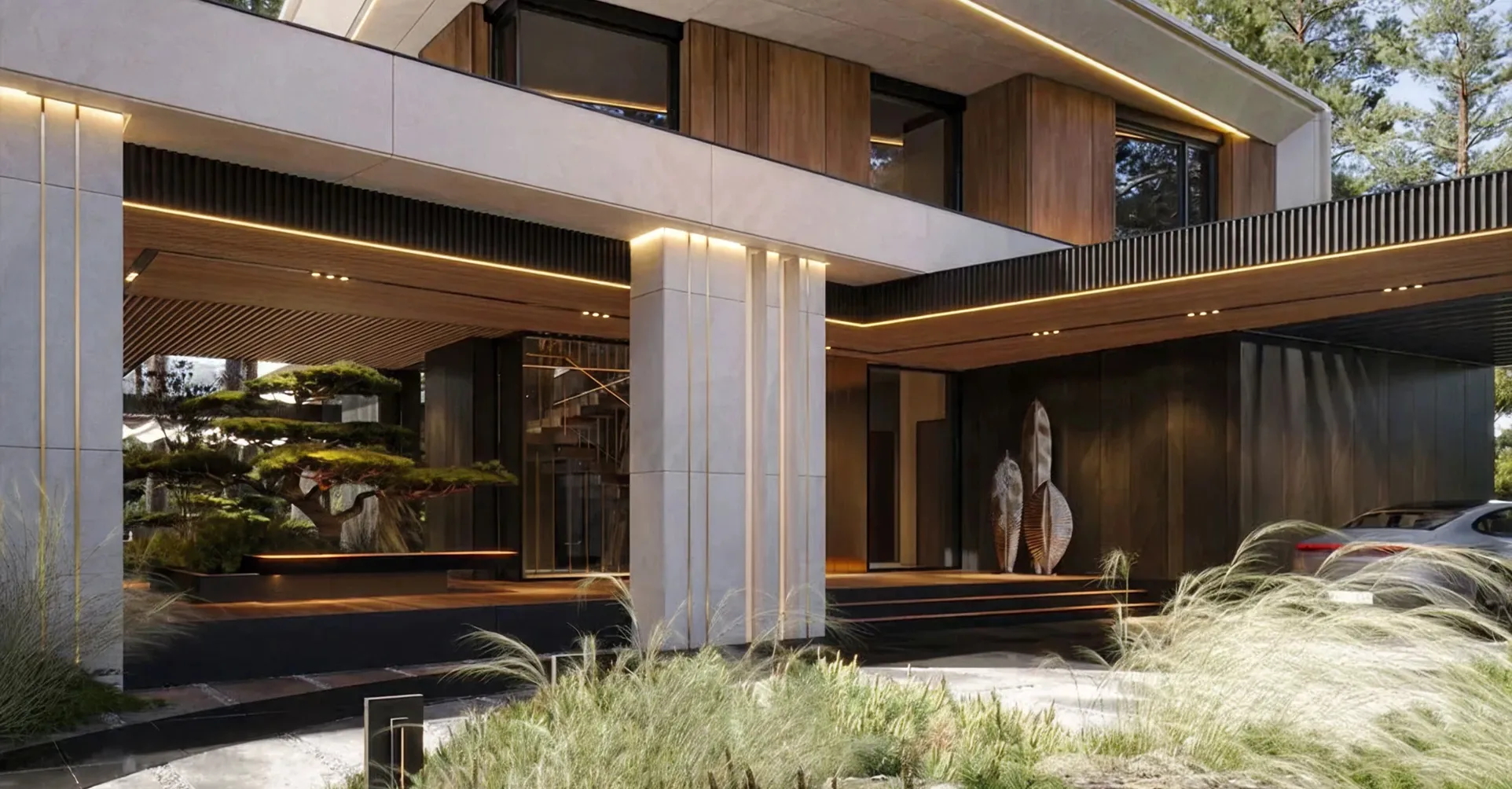 Luxury villa interior fit out in Dubai featuring wood panels and stone accents.