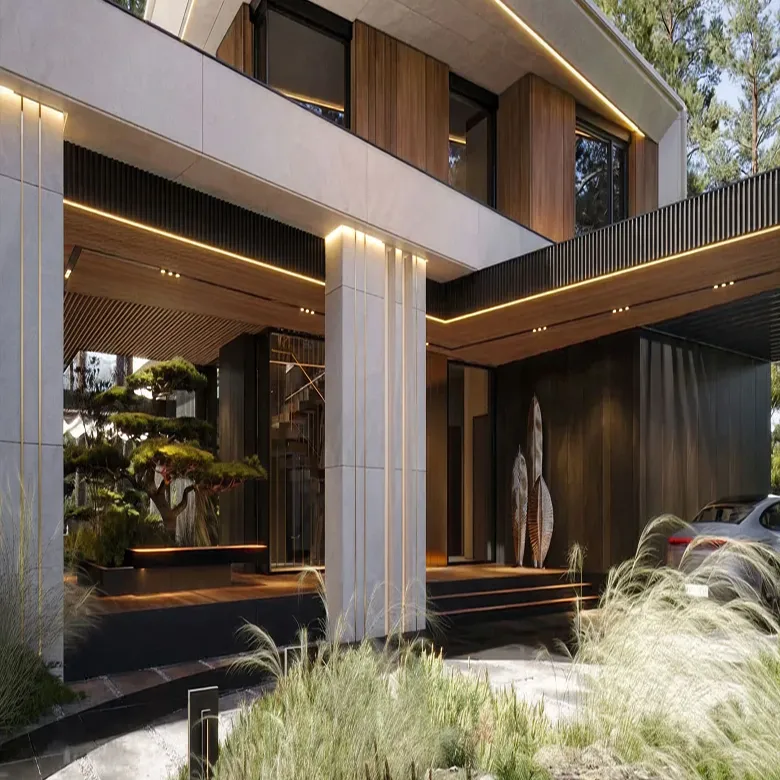 Luxury villa interior fit out in Dubai featuring wood panels and stone accents.