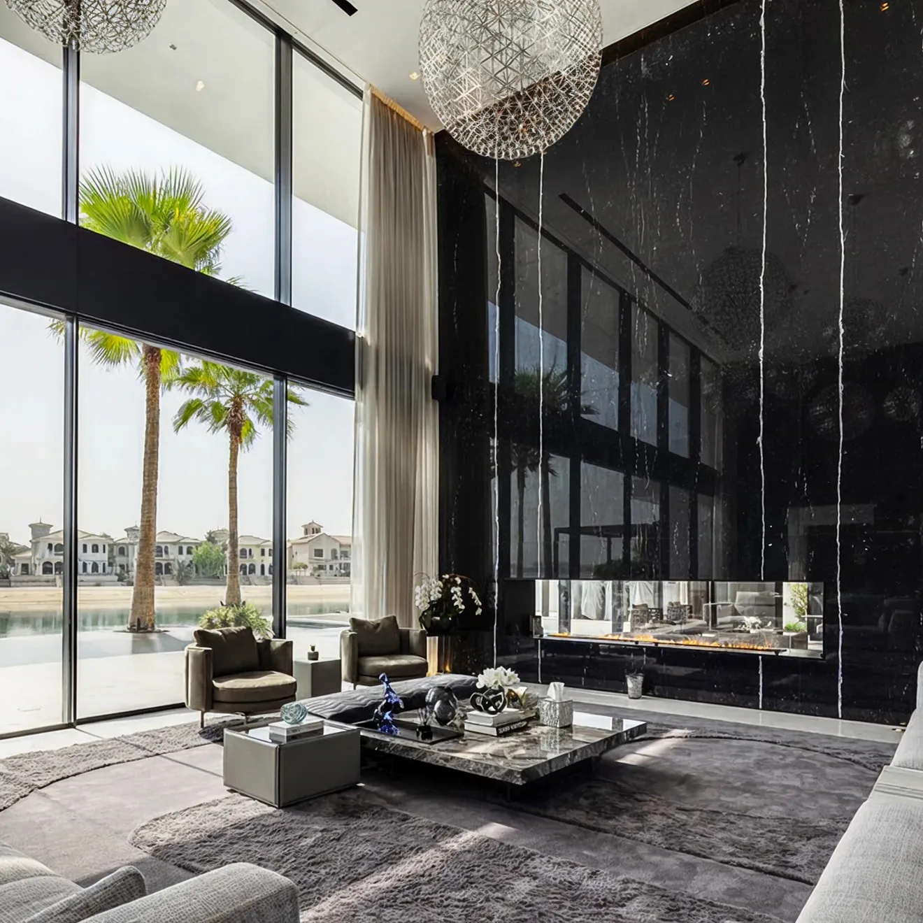 Minimalist living room interior design with floor-to-ceiling windows.