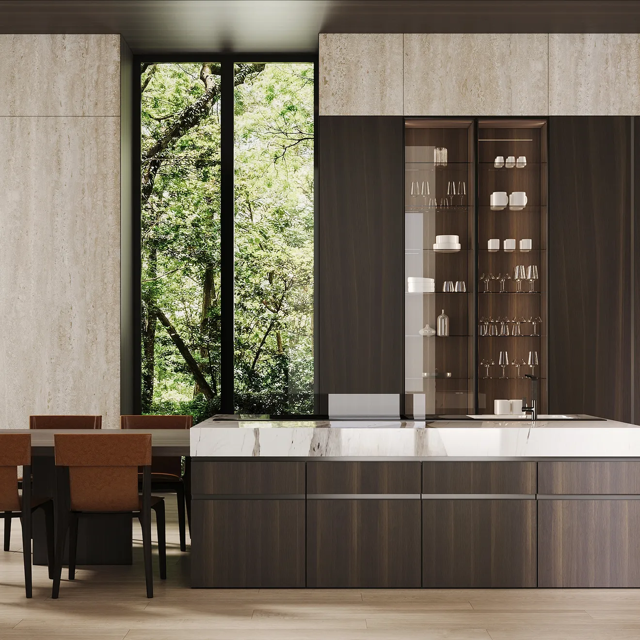 Modern kitchen island featuring a granite countertop and wooden cabinetry.