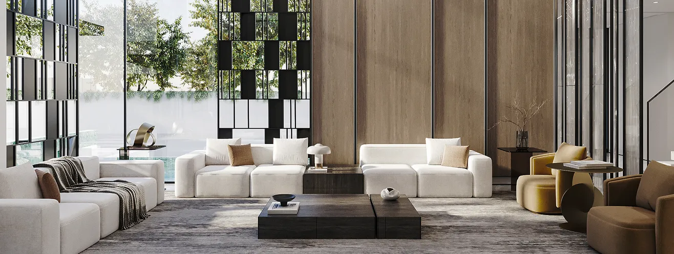 Luxury living room interior design featuring modular sofas and floor-to-ceiling windows.