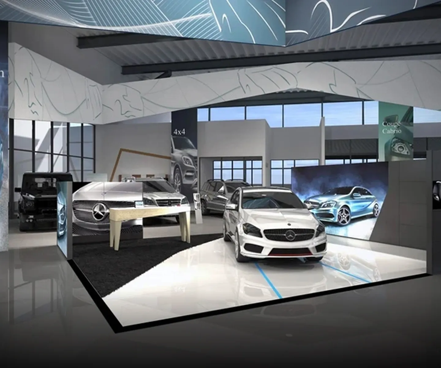 Luxury Mercedes-Benz showroom interior with curated vehicle displays in Dubai.