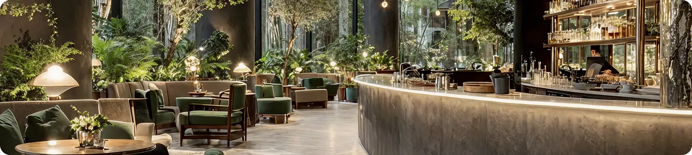 Contemporary bar and lounge interior with indoor greenery and illuminated counter.