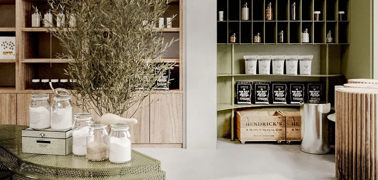 Modern retail space designed with functional shelving and texture.