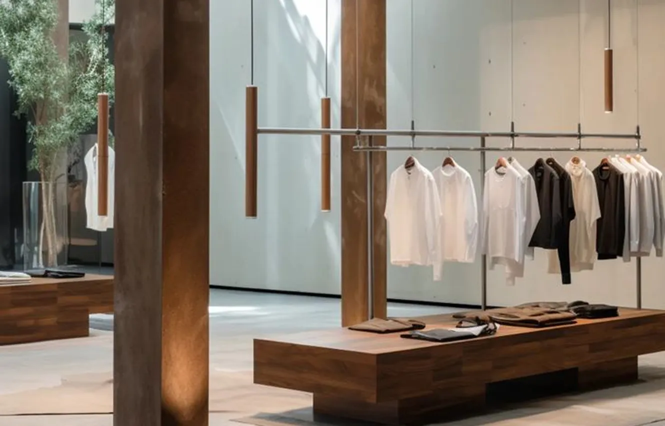 Contemporary boutique interior design with recessed lighting and display racks.