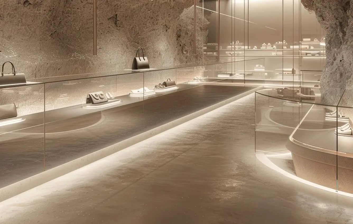 Modern store interior design featuring natural stone walls and illuminated counters.