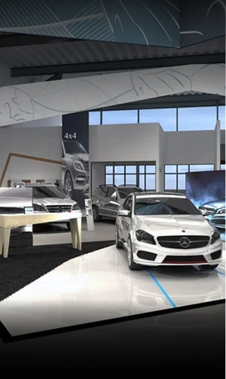 Luxury Mercedes-Benz showroom interior with curated vehicle displays in Dubai.