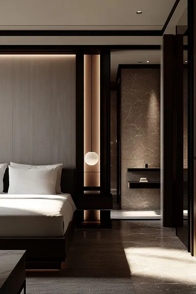 Modern hotel interior featuring pendant lighting and marble bathroom details.