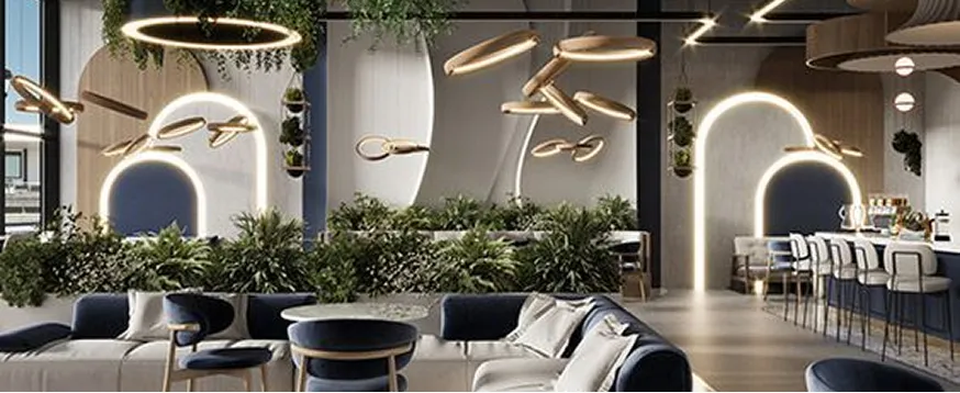 Contemporary hospitality interior design featuring a lounge area, bar stools, and plants.