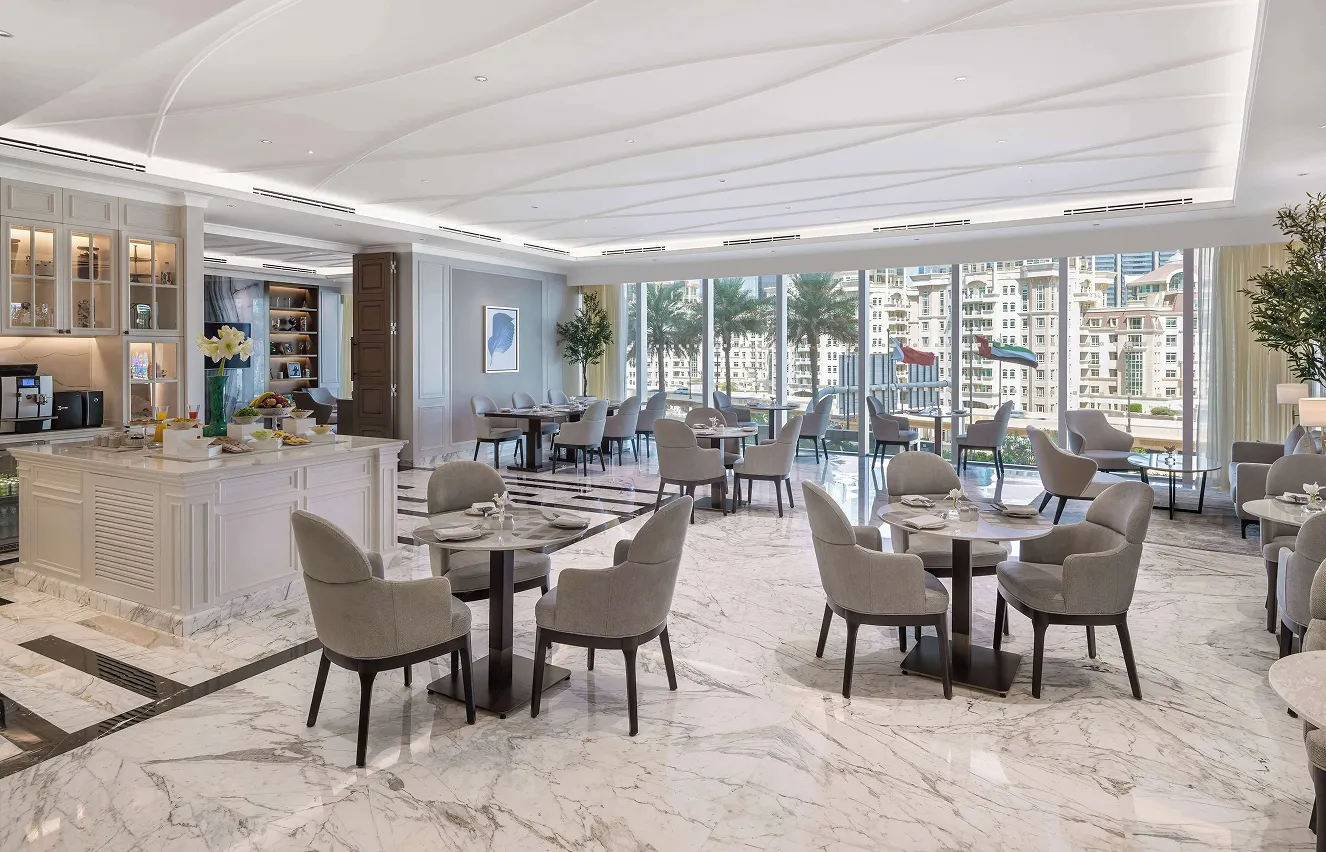 Luxury hospitality interior design with marble flooring and custom ceiling design in Dubai.
