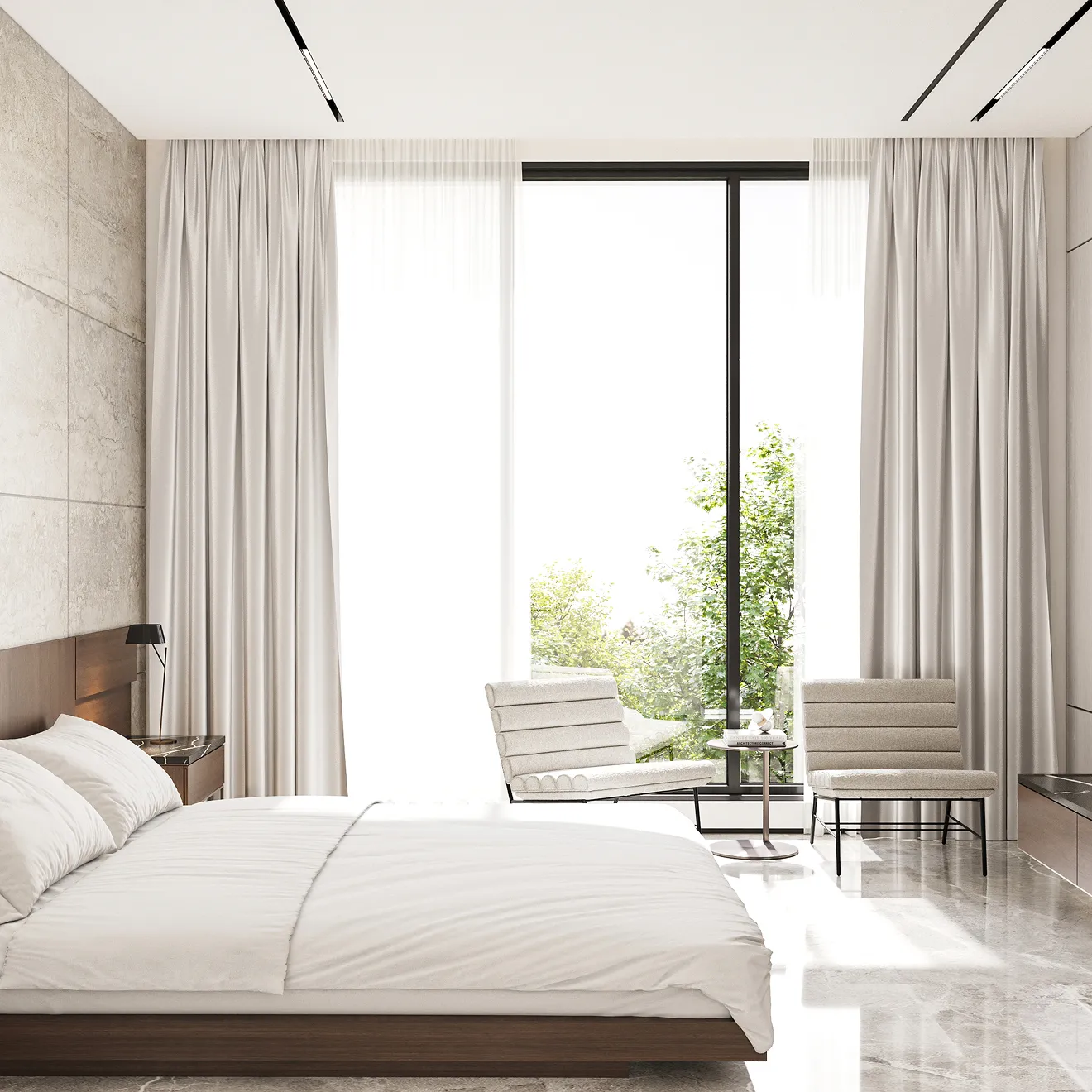 Modern bedroom interior design with minimalist decor and marble flooring in Dubai.