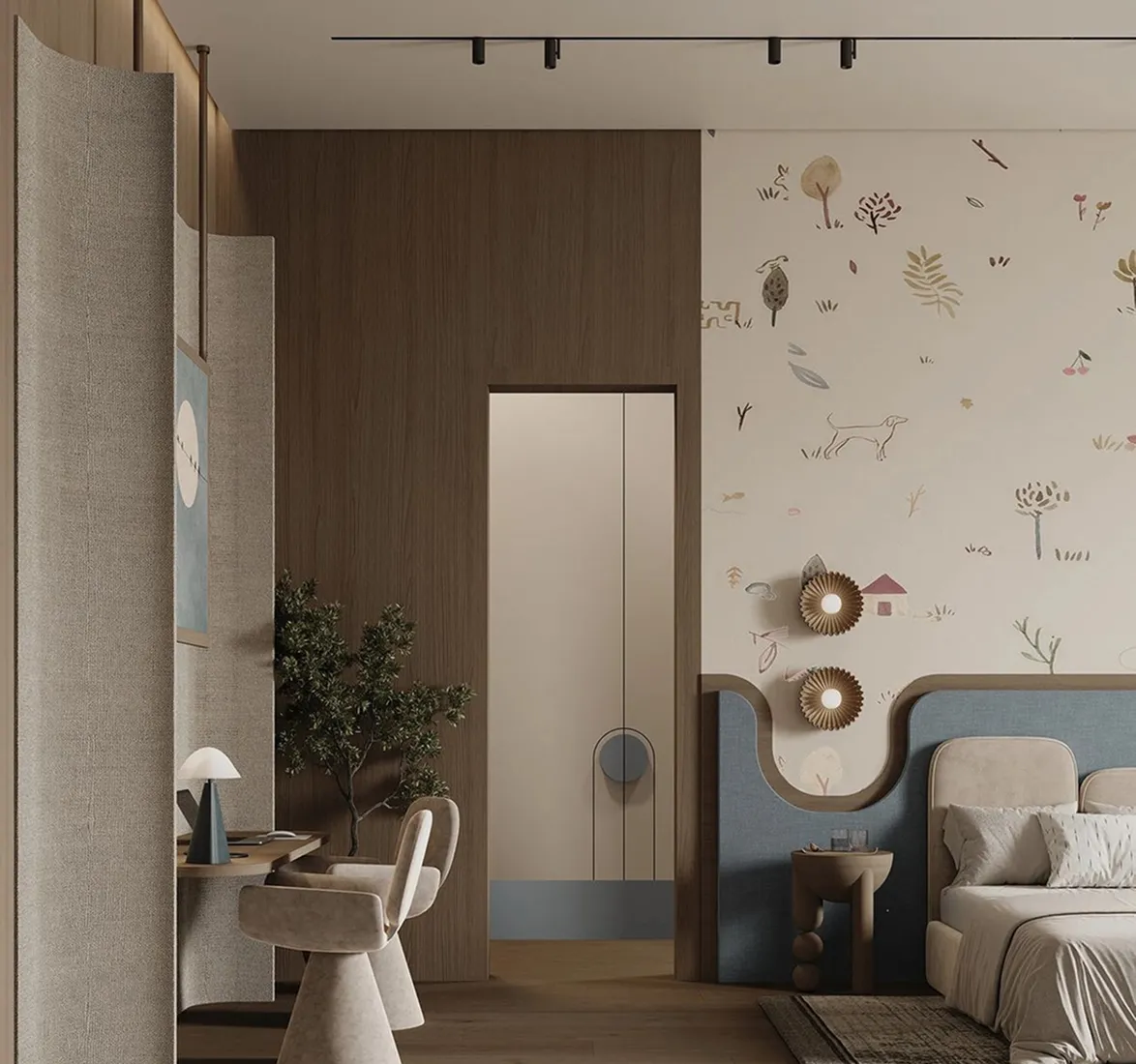 Kids bedroom interior featuring playful illustrated wall and a custom curved bed.
