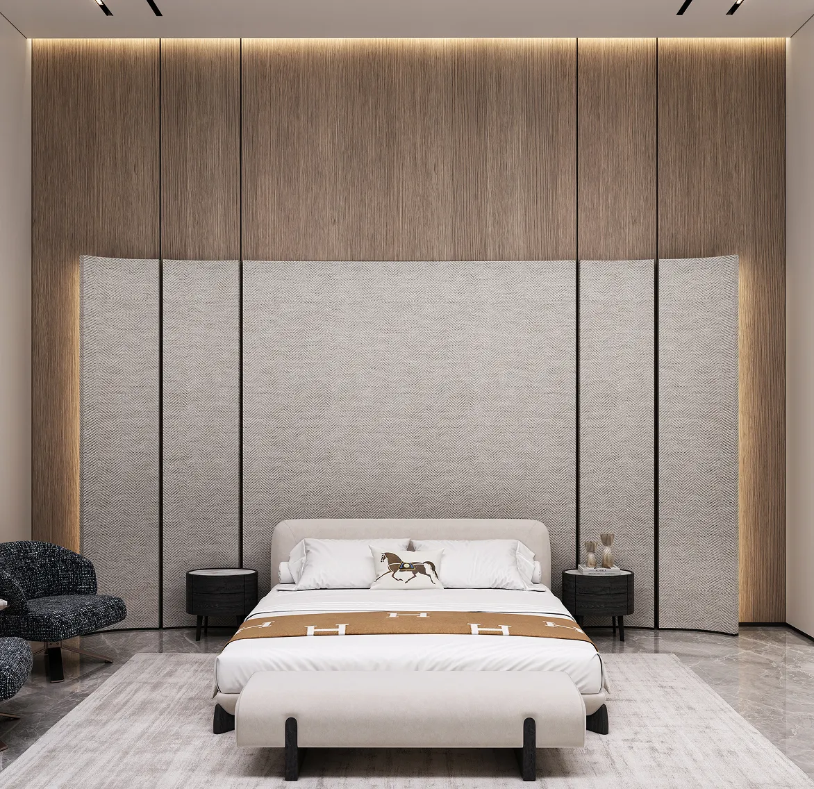 Hermes inspired guest bedroom interior featuring patterned rug and bespoke furnishings.