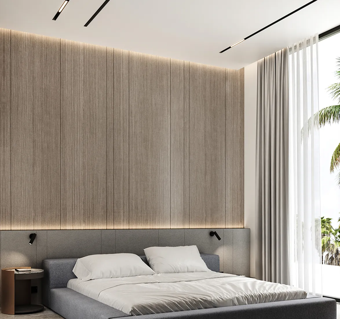 Master bedroom interior design featuring upholstered bed and backlit wood panel accent wall.