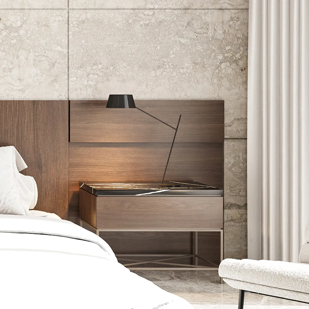 Modern bedroom interior featuring custom furniture and marble accent wall.