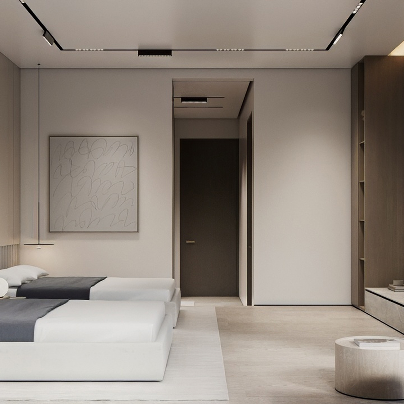 Luxury bedroom interior design featuring twin beds and built-in shelving by Rayfitout in Dubai.