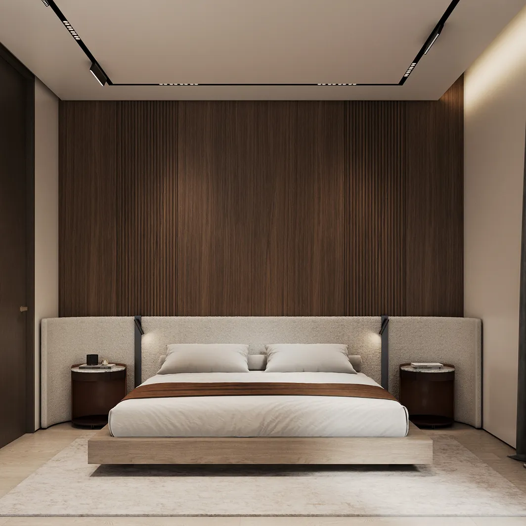 Contemporary bedroom interior design with dark wood accent wall by Rayfitout.
