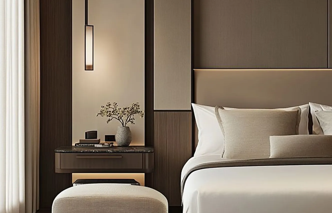 Luxury bedroom interior featuring lounge seating and floor-to-ceiling windows.