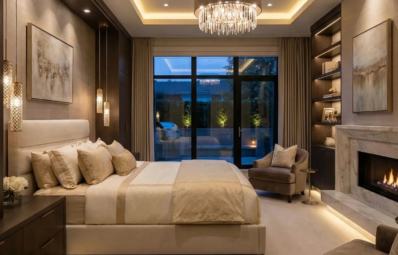 Modern bedroom interior featuring floating wooden nightstand and curved headboard.