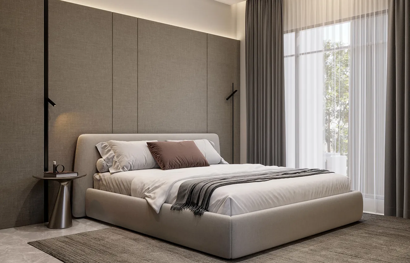 Contemporary bedroom interior design with low-profile bed, side table, and layered lighting.