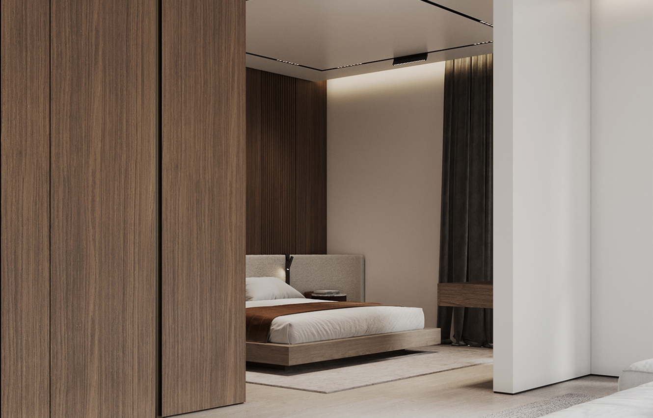 Minimalist living room interior fit out featuring bespoke joinery in Dubai.