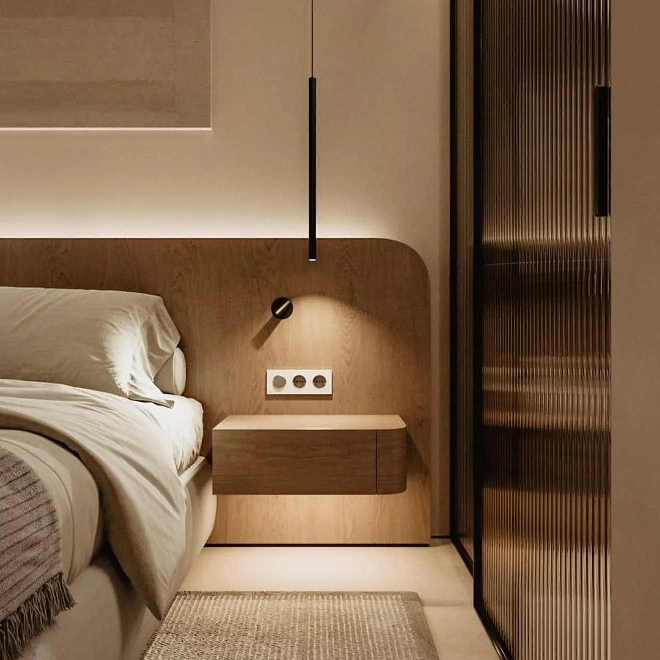Luxury bedroom interior featuring wooden bed, floating nightstands, and LED backlighting.