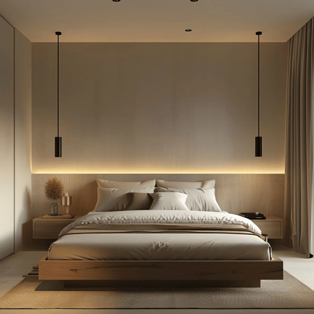 Luxury bedroom interior featuring wooden bed, floating nightstands, and LED backlighting.